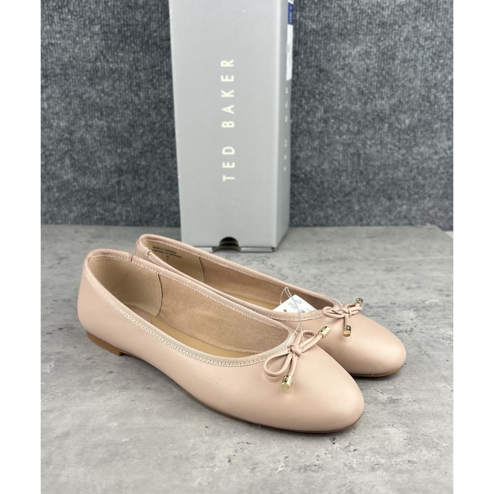 Ted Baker Womens Pink Leather Ballet Flats Bow Gold Hardware Size 7 New In Box